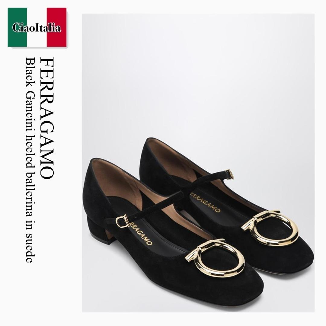 【寸法押さえる・店卸し資産境界線・早め者制覇！】 フェラガモ / Ferragamo Black Gancini Heeled Ballerina In Suede / 786975 / 786975 NN / 786975NN / バレーシューズ