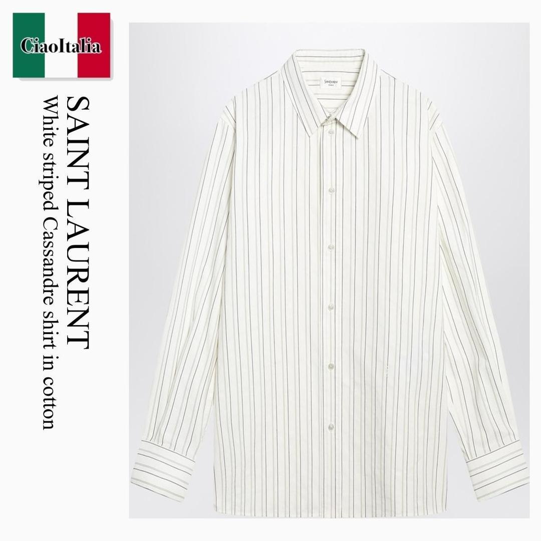 【寸法押さえる・店卸し資産境界線・早め者制覇！】 サンローラン / Saint Laurent White Striped Cassandre Shirt In Cotton / 848033 Y7K19 / 848033 Y7K19 1332 / 848033Y7K191332 / プルオーバー
