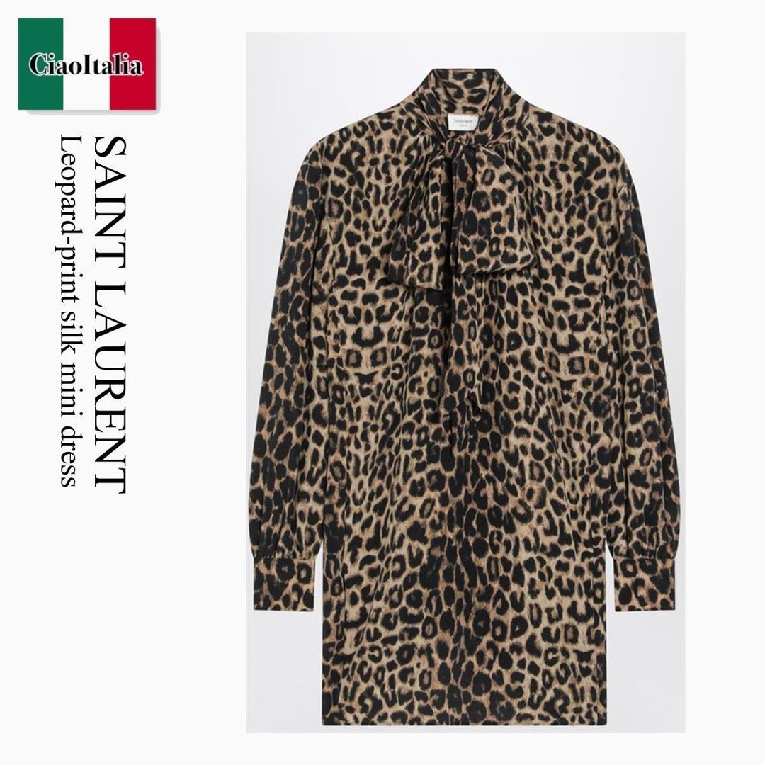 【数量限定・在庫限り・早い者勝ち！】 サンローラン / Saint Laurent Leopard-Print Silk Mini Dress / 851136 Y6J43 / 851136 Y6J43 9665 / 851136Y6J439665 / ワンピース