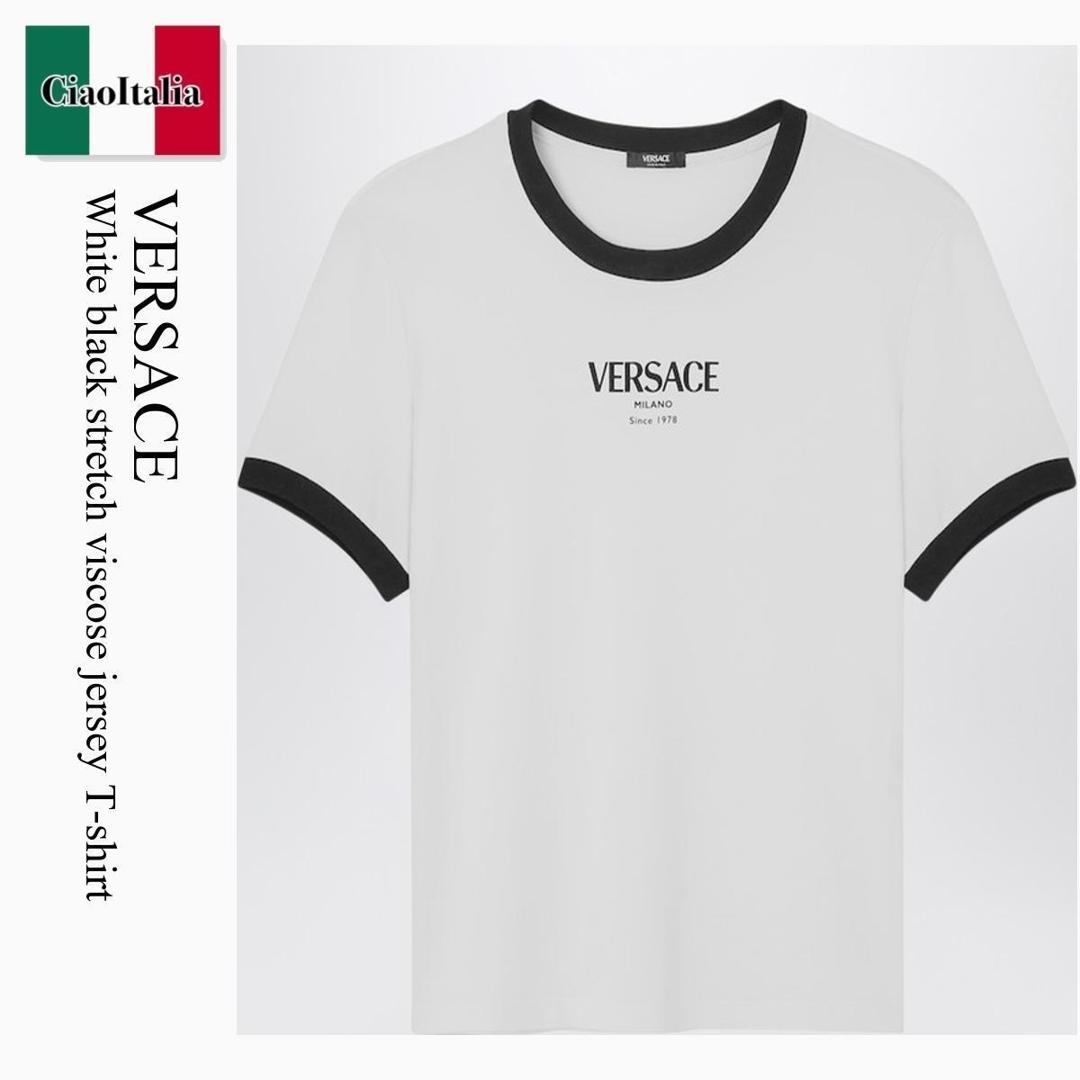 【数量限定・在庫限り・早い者勝ち！】 ヴェルサーチェ / Versace White Black Stretch Viscose Jersey T-Shirt / 1022656 / 1022656 2W020 / 10226562W020 / Tシャツ・カットソー