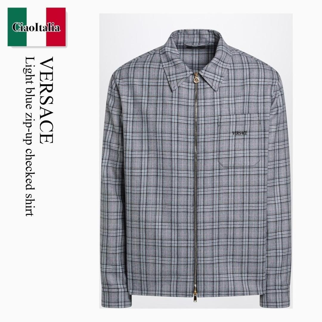 【寸法押さえる・店卸し資産境界線・早め者制覇！】 ヴェルサーチェ / Versace Light Blue Zip-Up Checked Shirt / 1022746 / 1022746 6UE40 / 10227466UE40 / プルオーバー