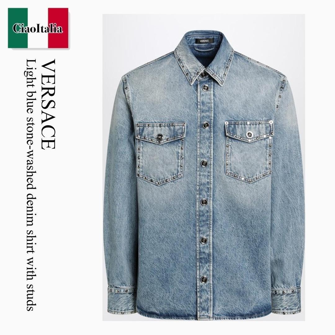 【寸法押さえる・店卸し資産境界線・早め者制覇！】 ヴェルサーチェ / Versace Light Blue Stone-Washed Denim Shirt With Studs / 1022747 / 1022747 1D190 / 10227471D190 / プルオーバー