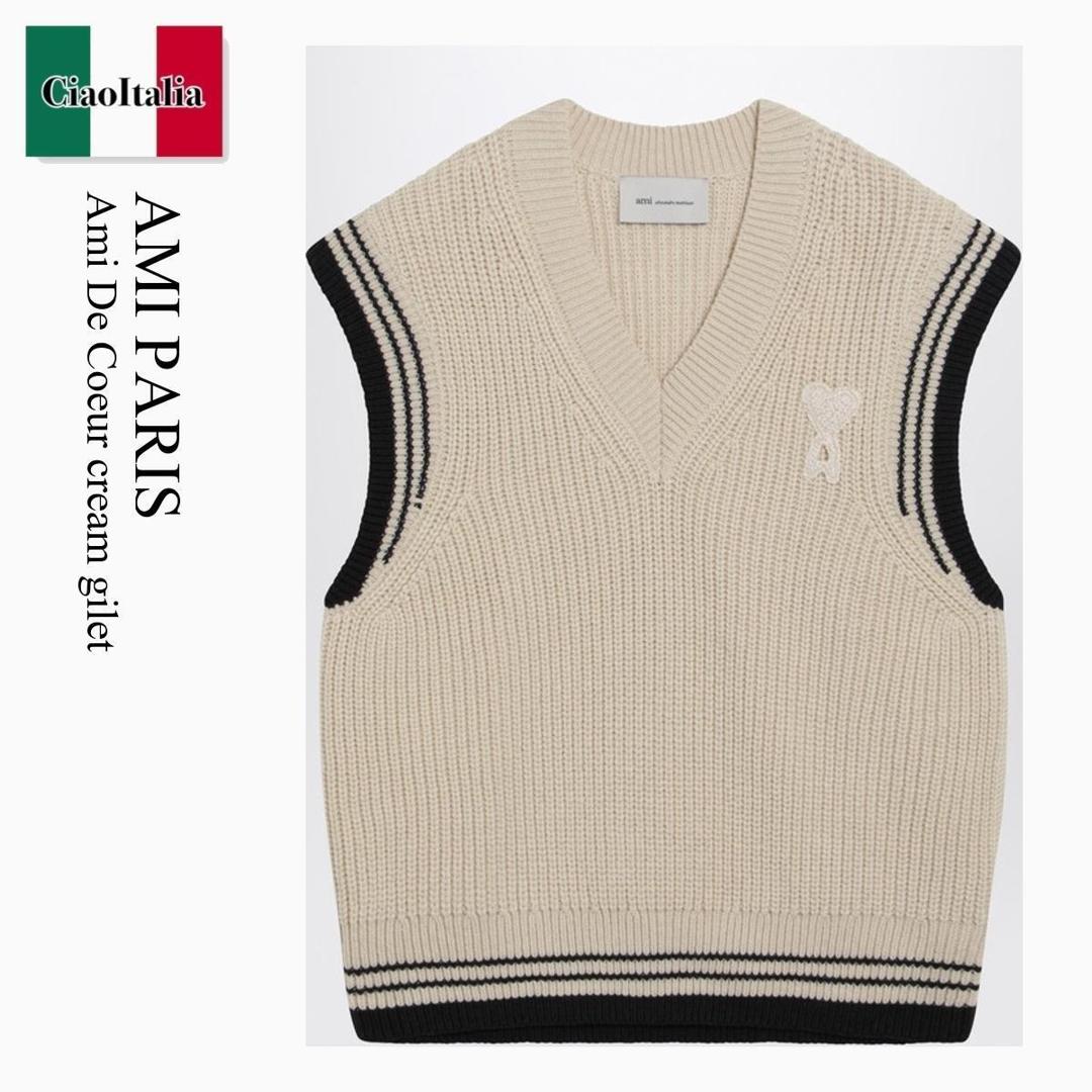 【数量限定・在庫限り・早い者勝ち！】 アミアレクサンドルマテュッシ / Ami Paris Ami De Coeur Cream Gilet / UKS865UKN0161 / UKS865UKN0161 136 / UKS865UKN0161136 / ニット・セーター