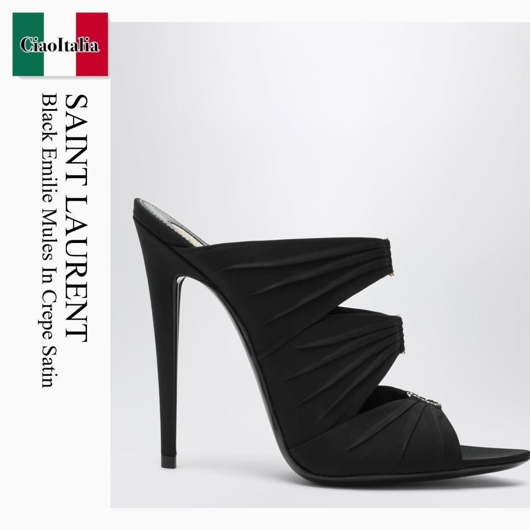 【寸法押さえる・店卸し資産境界線・早め者制覇！】 サンローラン / Saint Laurent Black Emilie Mules In Crepe Satin / 859545 AAF4G / 859545 AAF4G 1097 / 859545AAF4G1097 / サンダル・ミュール