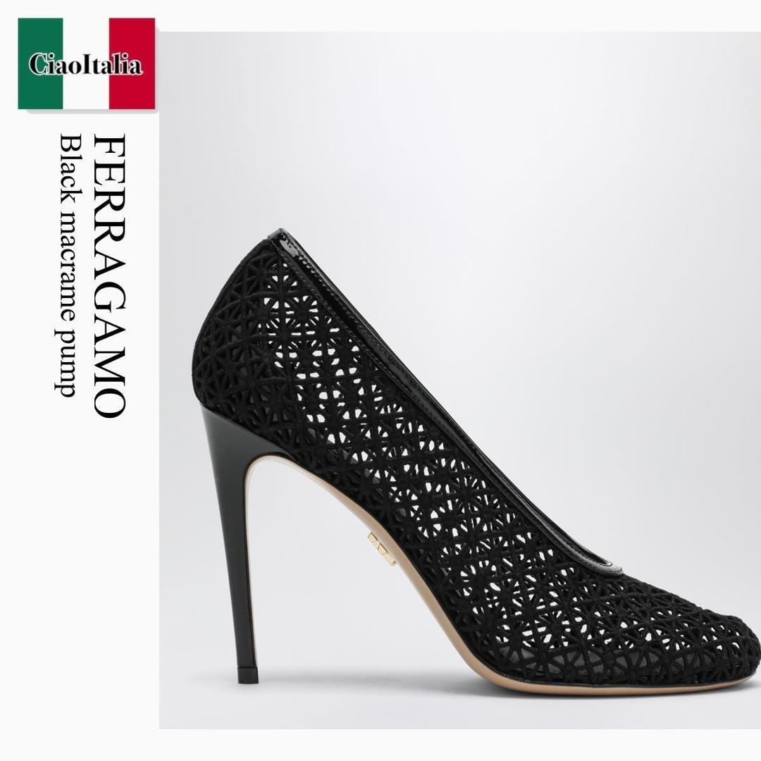 【分量制限事項・店卸し資産区分け・早め者白星！】 フェラガモ / Ferragamo Black Macrame Pump / 790215 / 790215 NR / 790215NR / パンプス