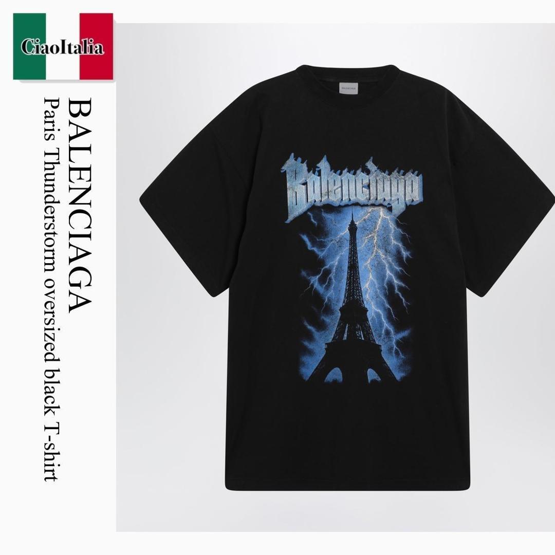 【数量限定・在庫限り・早い者勝ち!】 バレンシアガ / Balenciaga Paris Thunderstorm Oversized Black T-Shirt / 850345 TUVE7 / 850345 TUVE7 1000 / 850345TUVE71000 / Tシャツ・カットソー|Ciao Italia
