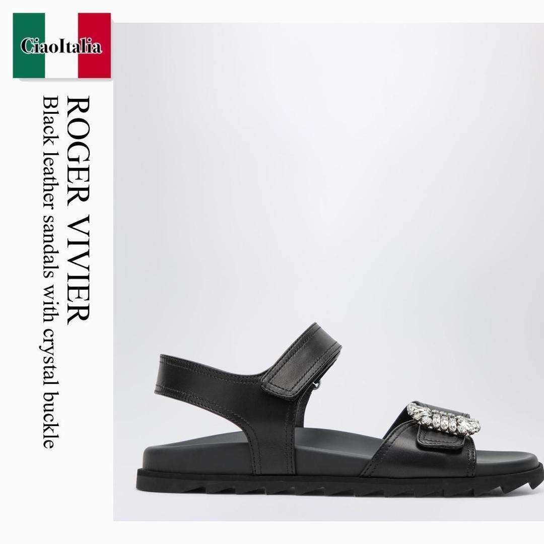 【数量限定・在庫限り・早い者勝ち！】 ロジェ・ヴィヴィエ / Roger Vivier Black Leather Sandals With Crystal Buckle / RVW4584469091T / RVW4584469091T B999 / RVW4584469091TB999 / サンダル・ミュール