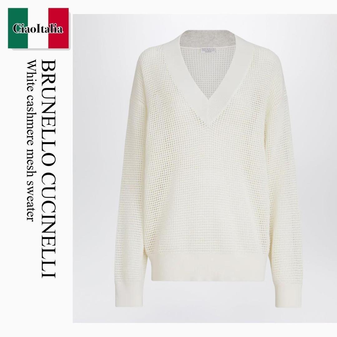 【分量制限事項・店卸し資産区分け・早め者白星！】 ブルネロクチネリ / Brunello Cucinelli White Cashmere Mesh Sweater / M12205102W / M12205102W CO312 / M12205102WCO312 / 編み物・スウェーター