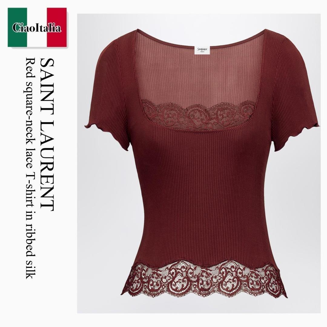 【物量制限事項・店卸し資産極限点・早め者制覇！】 サンローラン / Saint Laurent Red Square-Neck Lace T-Shirt In Ribbed Silk / 870534 Y37SM / 870534 Y37SM 6167 / 870534Y37SM6167 / トップス余分の物