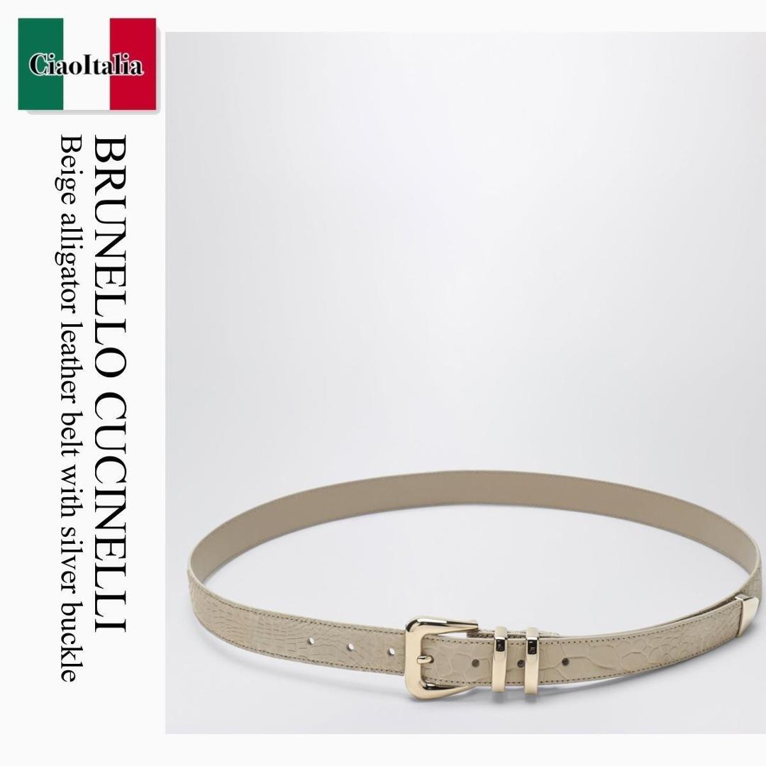 【数量限定・在庫限り・早い者勝ち！】 ブルネロクチネリ / Brunello Cucinelli Beige Alligator Leather Belt With Silver / MAUAL253LE / MAUAL253LE C058 / MAUAL253LEC058 / ベルト