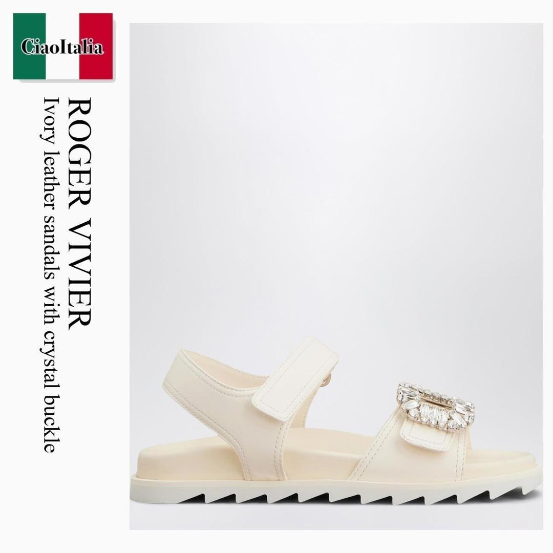 【寸法押さえる・店卸し資産境界線・早め者制覇！】 ロジェ・ヴィヴィエ / Roger Vivier Ivory Leather Sandals With Crystal Buckle / RVW4584469091T / RVW4584469091T C019 / RVW4584469091TC019 / サンダル・ミュール