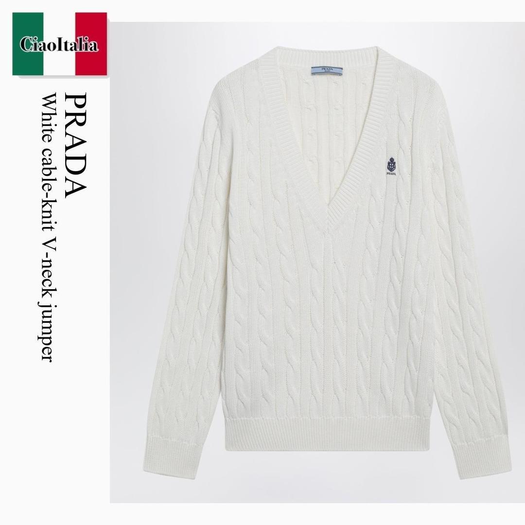 【寸法押さえる・店卸し資産境界線・早め者制覇！】 プラダ / Prada White Cable-Knit V-Neck Jumper / P24D3M F0009 / P24D3M OOO19VL F0009 / P24D3MOOO19VLF0009 / スウェット・トレーナー