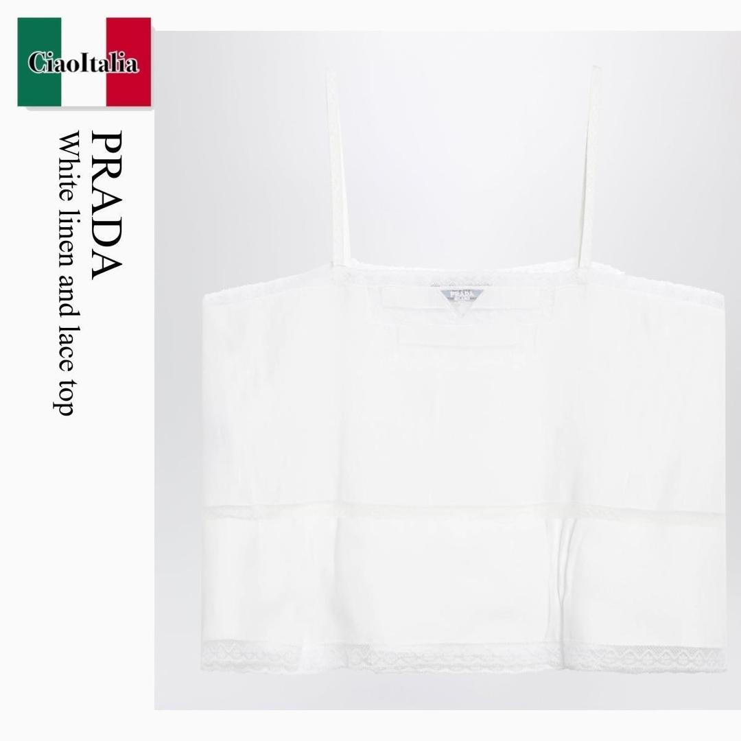 【寸法押さえる・店卸し資産境界線・早め者制覇！】 プラダ / Prada White Linen And Lace Top / P902OR F0009 / P902OR OOO192T F0009 / P902OROOO192TF0009 / 貯蔵タンクとっ始め
