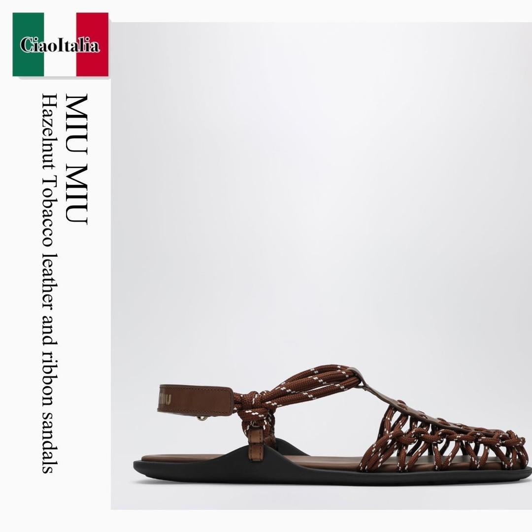 【物量制限事項・店卸し資産極限点・早め者制覇！】 ミュウミュウ / Miu Miu Hazelnut Tobacco Leather And Ribbon Sandals / 5X615E F0L18 / 5X615E 0053ZML F0L18 / 5X615E0053ZMLF0L18 / サンダル・ミュール