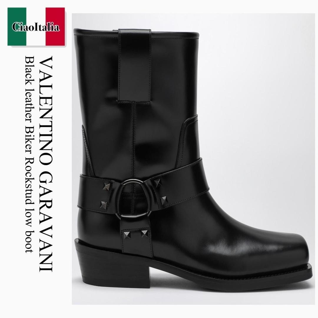 【分量制限事項・店卸し資産区分け・早め者白星！】 バレンチノ / Valentino Garavani Black Leather Biker Rockstud Low Boot / 5W0S0KN4NIB / 5W0S0KN4NIB 0NO / 5W0S0KN4NIB0NO / ショートブーツ・ブーティ