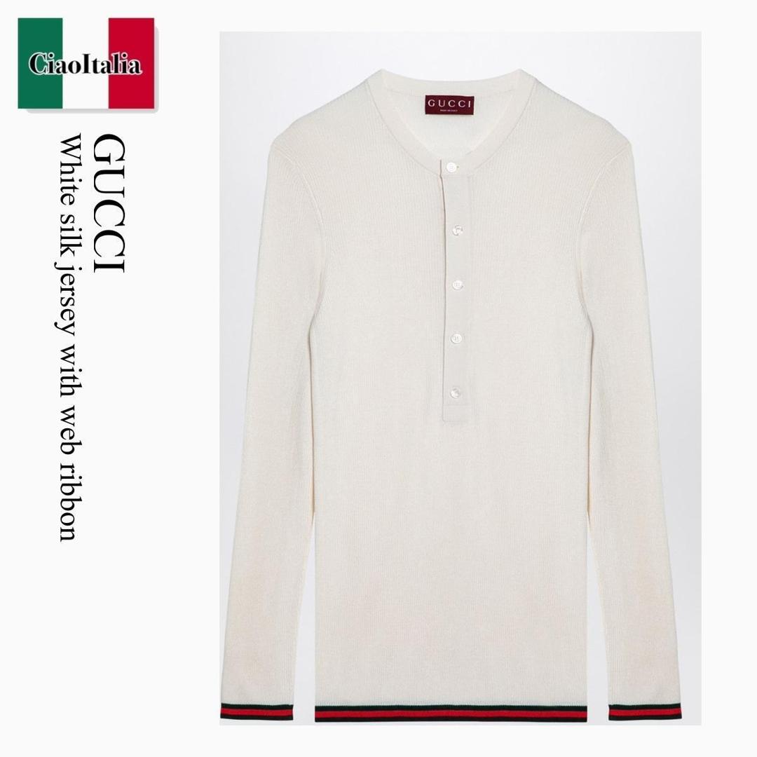 【量目押さえる・店卸し資産極限点・早め者制勝！】 グッチ / Gucci White Silk Jersey With Web Ribbon / 792759 XKEAH / 792759 XKEAH 9060 / 792759XKEAH9060 / プルオーバー・カットソー