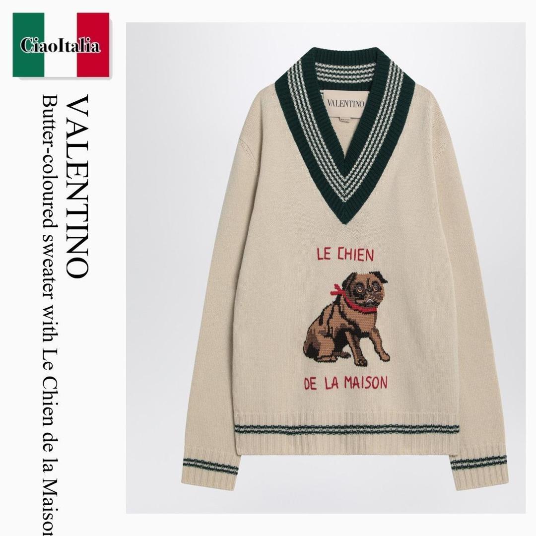 【物量制限事項・店卸し資産極限点・早め者制覇！】 バレンチノ / Valentino Butter-Coloured Sweater With Le Chien De La Maison / 7V3KC35EB2M / 7V3KC35EB2M 581 / 7V3KC35EB2M581 / 編み物・ティーシャツ