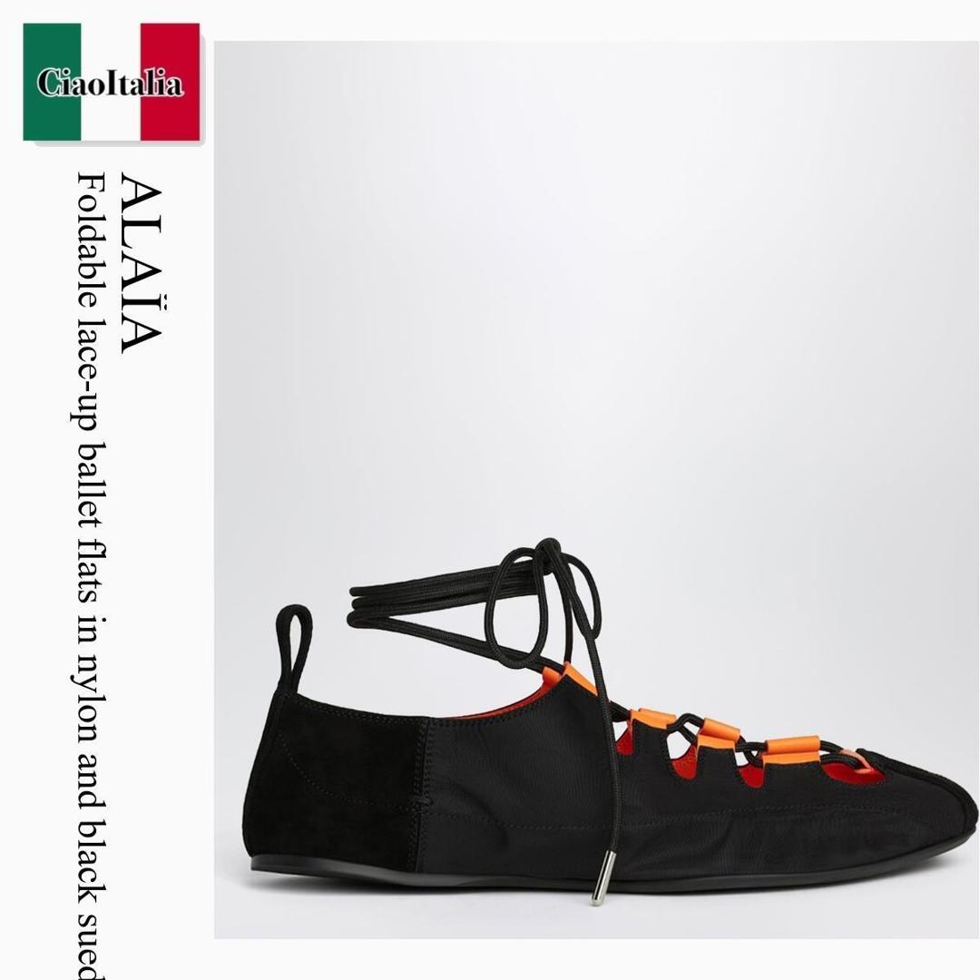 【寸法押さえる・店卸し資産境界線・早め者制覇！】 アズディンアライア / Alaia Foldable Lace-Up Ballet Flats In Nylon And Black Suede / AA3A1030A043S / AA3A1030A043S 999 / AA3A1030A043S999 / バレーシューズ