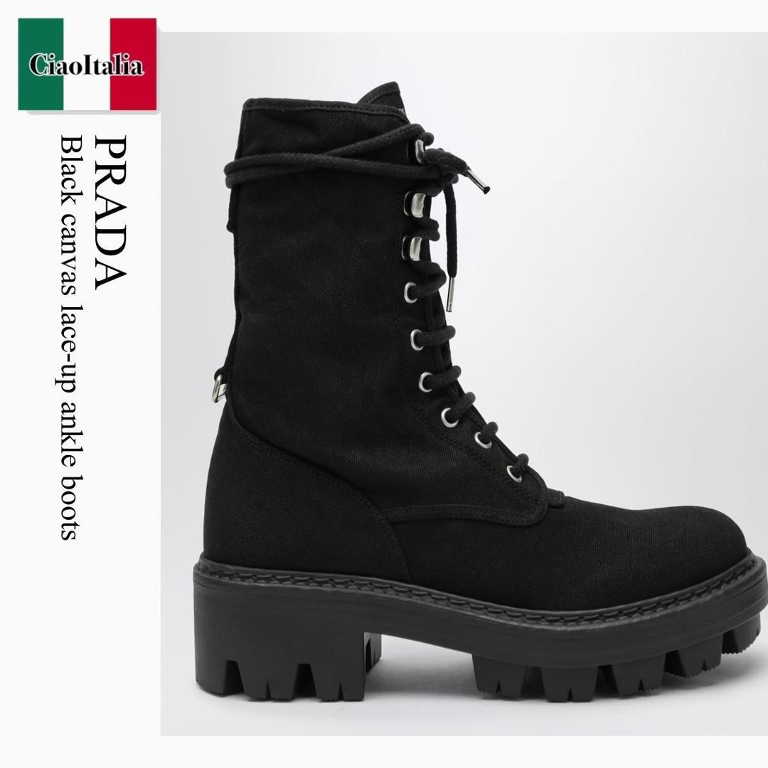 【物量制限事項・店卸し資産極限点・早め者制覇！】 プラダ / Prada Black Canvas Lace-Up Ankle Boots / 1U476O F0002 / 1U476O 055010 F0002 / 1U476O055010F0002 / ショートブーツ・ブーティ