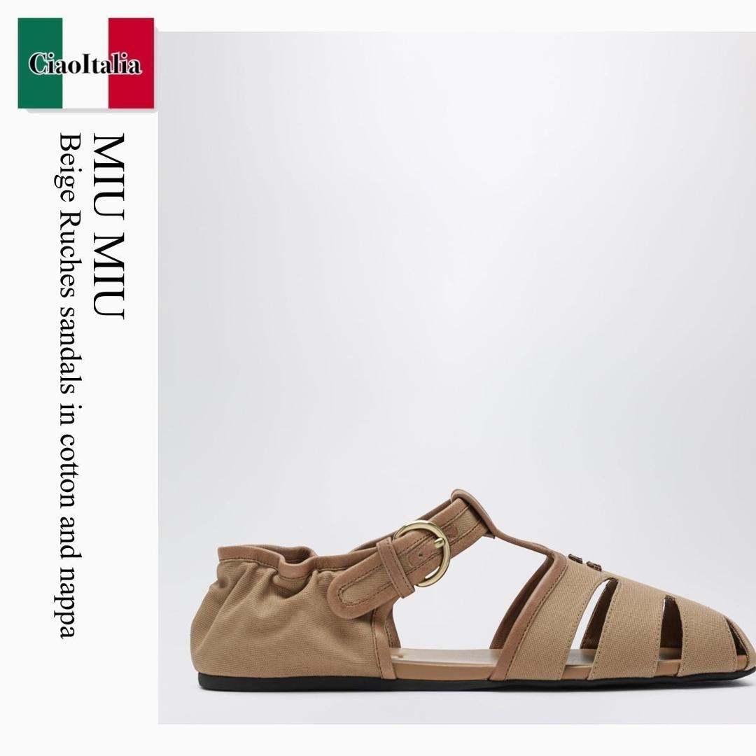 【物量制限事項・店卸し資産極限点・早め者制覇！】 ミュウミュウ / Miu Miu Beige Ruches Sandals In Cotton And Nappa / 5E635F F0JRS / 5E635F 0053ZMT F0JRS / 5E635F0053ZMTF0JRS / サンダル・ミュール