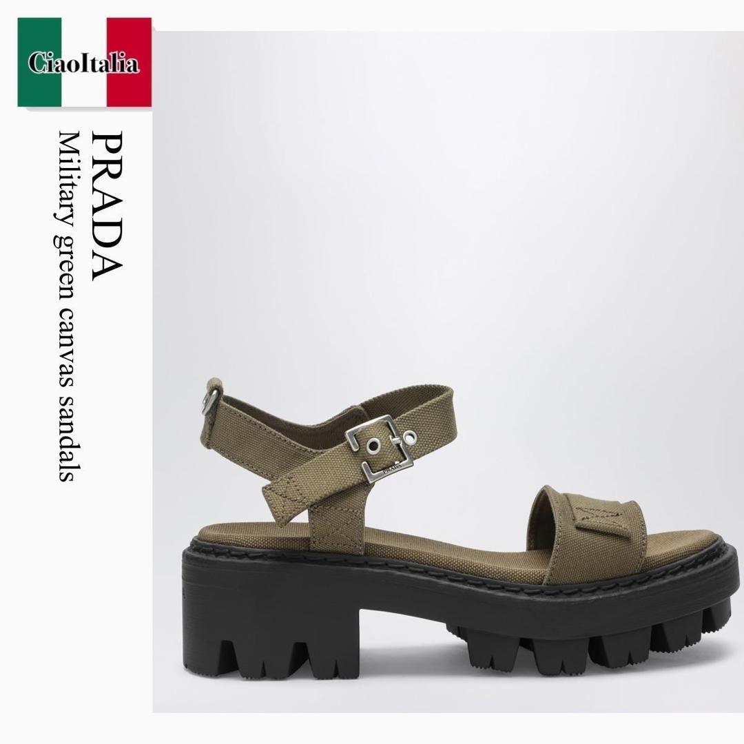 【寸法押さえる・店卸し資産境界線・早め者制覇！】 プラダ / Prada Military Green Canvas Sandals / 1X466O F0161 / 1X466O 055010 F0161 / 1X466O055010F0161 / サンダル・ミュール