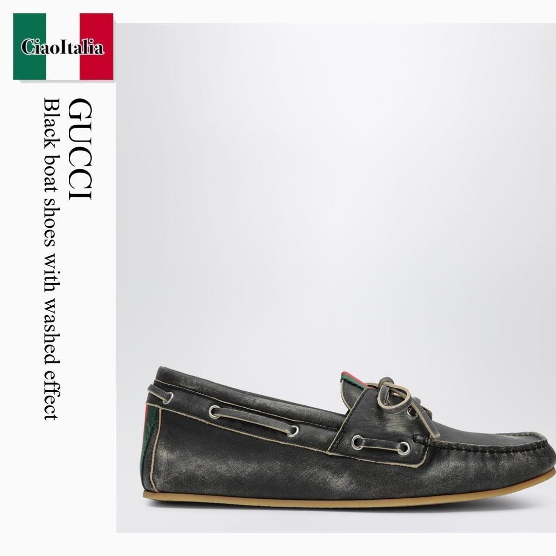 【寸法押さえる・店卸し資産境界線・早め者制覇！】 グッチ / Gucci Black Boat Shoes With Washed Effect / 860008 AAF59 / 860008 AAF59 1086 / 860008AAF591086 / 御召しものシューズ・革靴・商行為シューズ