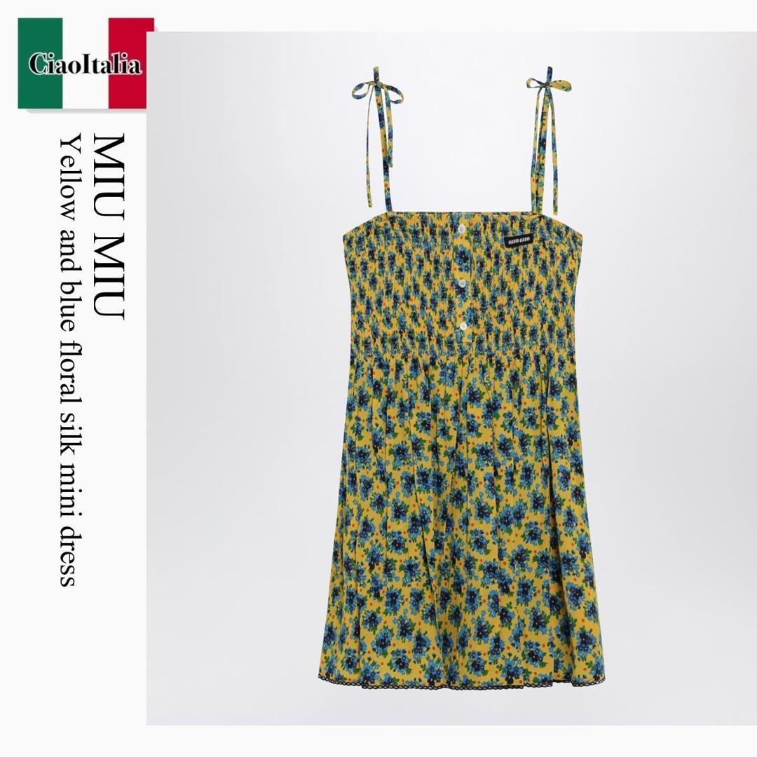 【分量制限事項・店卸し資産区分け・早め者白星！】 ミュウミュウ / Miu Miu Yellow And Blue Floral Silk Mini Dress / MF6145 F0T0X / MF6145 OOO180I F0T0X / MF6145OOO180IF0T0X / 衣装
