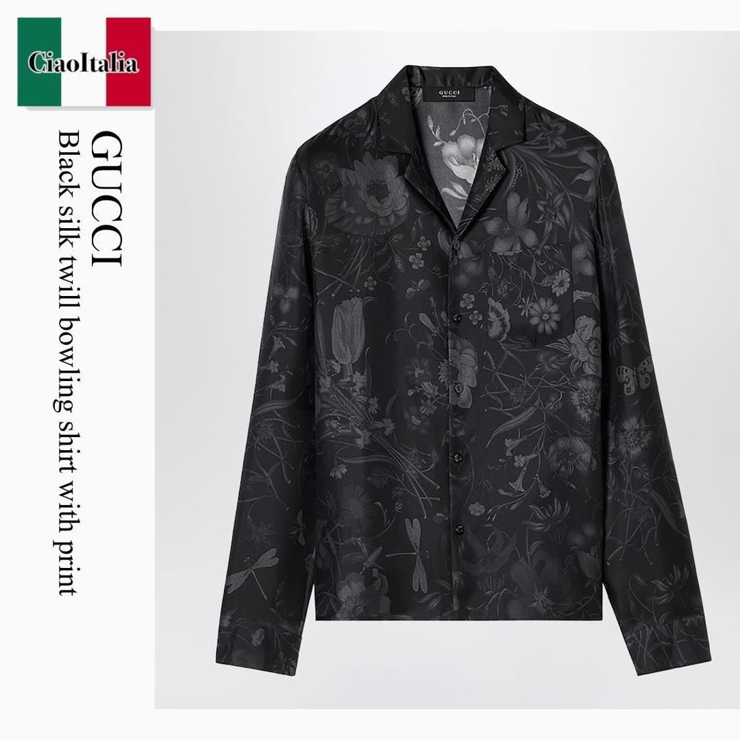 【寸法押さえる・店卸し資産境界線・早め者制覇！】 グッチ / Gucci Black Silk Twill Bowling Shirt With Print / 864367 ZAUU8 / 864367 ZAUU8 1086 / 864367ZAUU81086 / プルオーバー