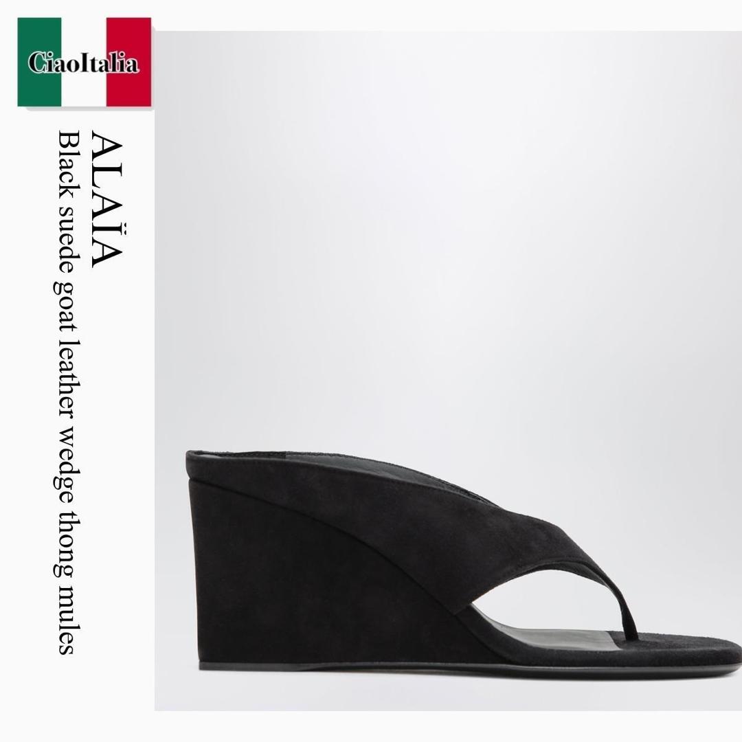 【寸法押さえる・店卸し資産境界線・早め者制覇！】 アズディンアライア / Alaia Black Suede Goat Leather Wedge Thong Mules / AA3M105C0H53S / AA3M105C0H53S 999 / AA3M105C0H53S999 / サンダル・ミュール