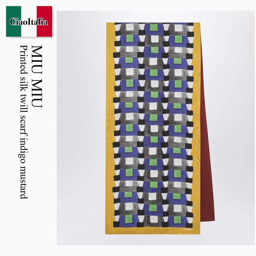 【寸法押さえる・店卸し資産境界線・早め者制覇！】 ミュウミュウ / Miu Miu Printed Silk Twill Scarf Indigo Mustard / 5FF065 F0A4E / 5FF065 2IG3 F0A4E / 5FF0652IG3F0A4E / えり巻き