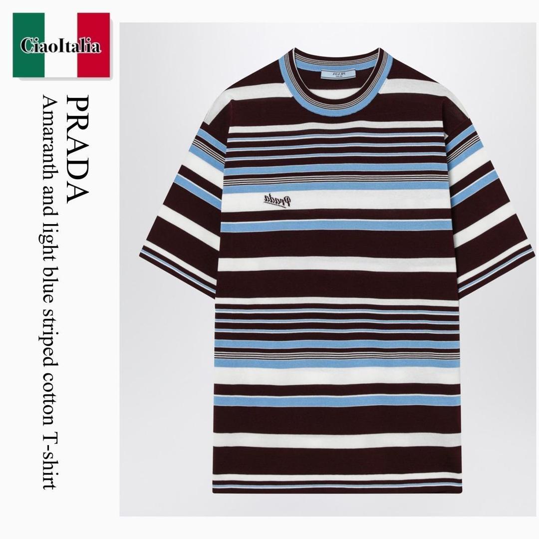 【物量制限事項・店卸し資産極限点・早め者制覇！】 プラダ / Prada Amaranth And Light Blue Striped Cotton T-Shirt / P24B3H F0RUE / P24B3H OOO19BR F0RUE / P24B3HOOO19BRF0RUE / ティーシャツ・カットソー