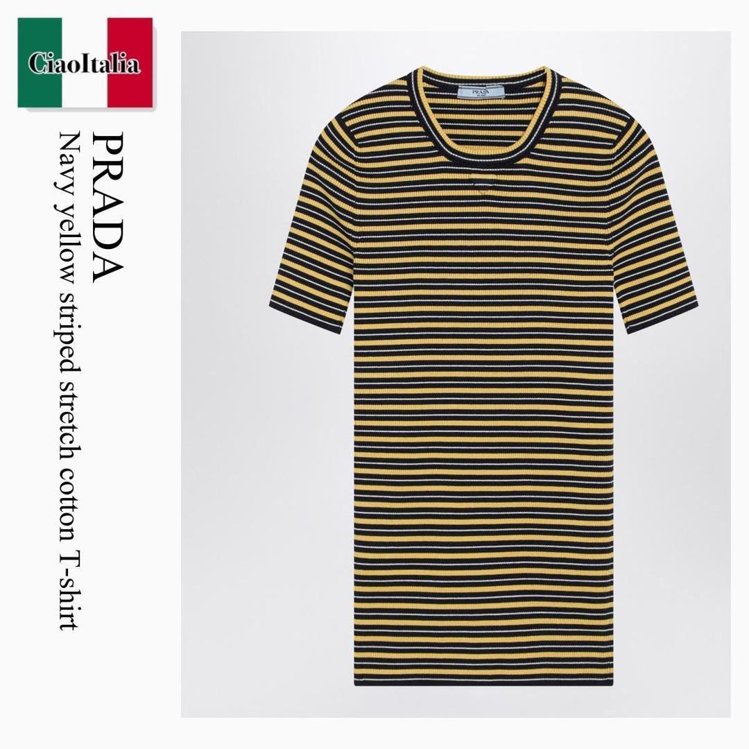 【寸法押さえる・店卸し資産境界線・早め者制覇！】 プラダ / Prada Navy Yellow Striped Stretch Cotton T-Shirt / P24B3F F0BD7 / P24B3F OOO19CI F0BD7 / P24B3FOOO19CIF0BD7 / ティーシャツ・カットソー