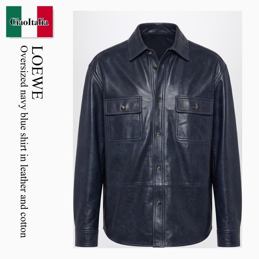 【寸法押さえる・店卸し資産境界線・早め者制覇！】 ロエベ / Loewe Oversized Navy Blue Shirt In Leather And Cotton / H526Y31L53 / H526Y31L53 5110 / H526Y31L535110 / プルオーバー