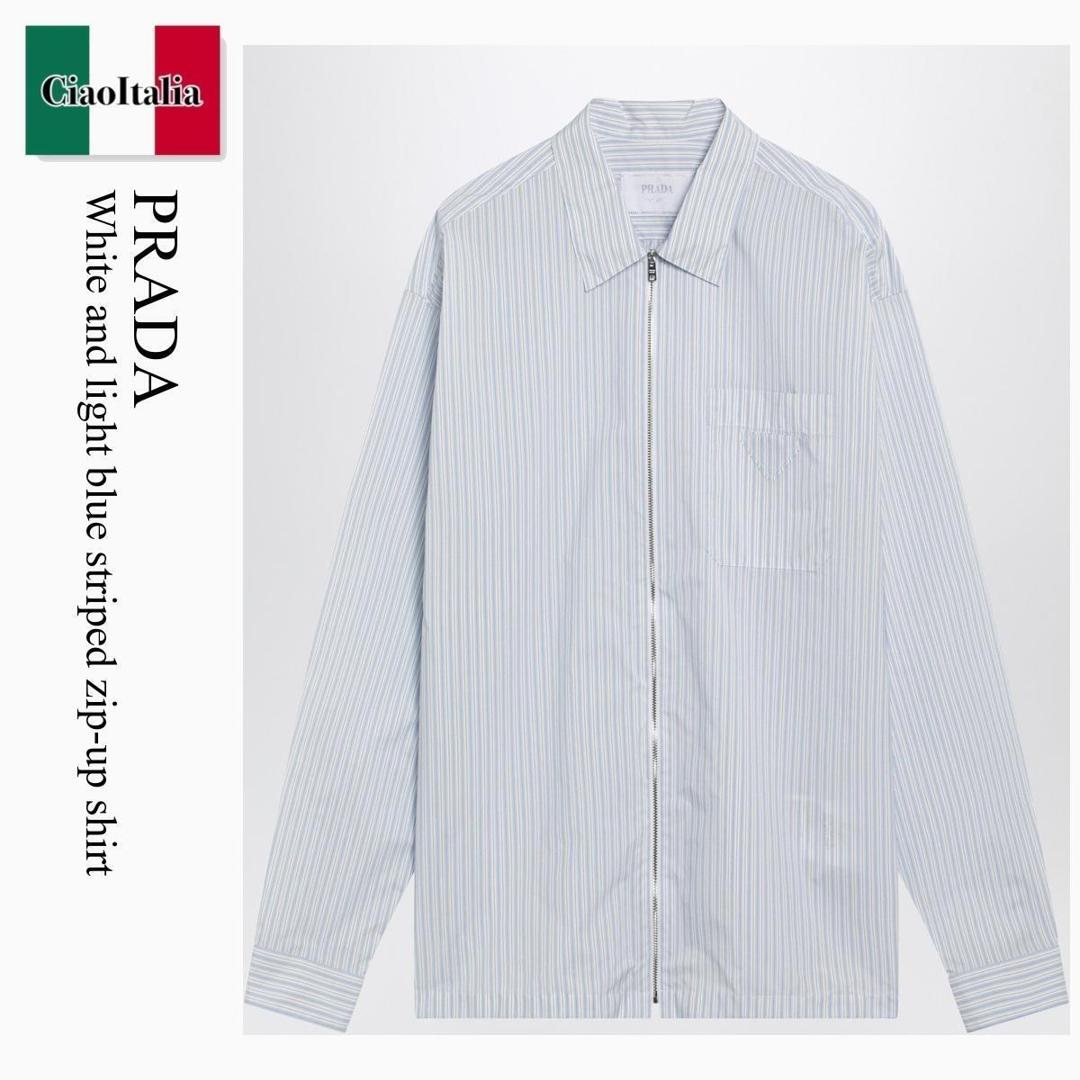 【物量制限事項・店卸し資産極限点・早め者制覇！】 プラダ / Prada White And Light Blue Striped Zip-Up Shirt / SC855O F0W81 / SC855O OO189H F0W81 / SC855OOO189HF0W81 / ティーシャツ