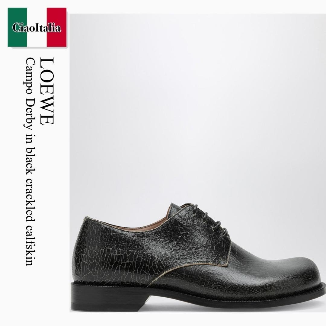 【分量制限事項・店卸し資産区分け・早め者白星！】 ロエベ / Loewe Campo Derby In Black Crackled Calfskin / M816S02X29 / M816S02X29 1112 / M816S02X291112 / お召しものシューズ・革靴・商行為シューズ