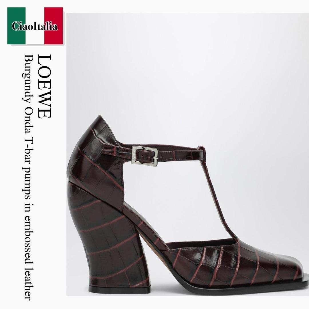【分量制限事項・店卸し資産区分け・早め者白星！】 ロエベ / Loewe Burgundy Onda T-Bar Pumps In Embossed Leather / LONDS01X07 / LONDS01X07 7110 / LONDS01X077110 / パンプス