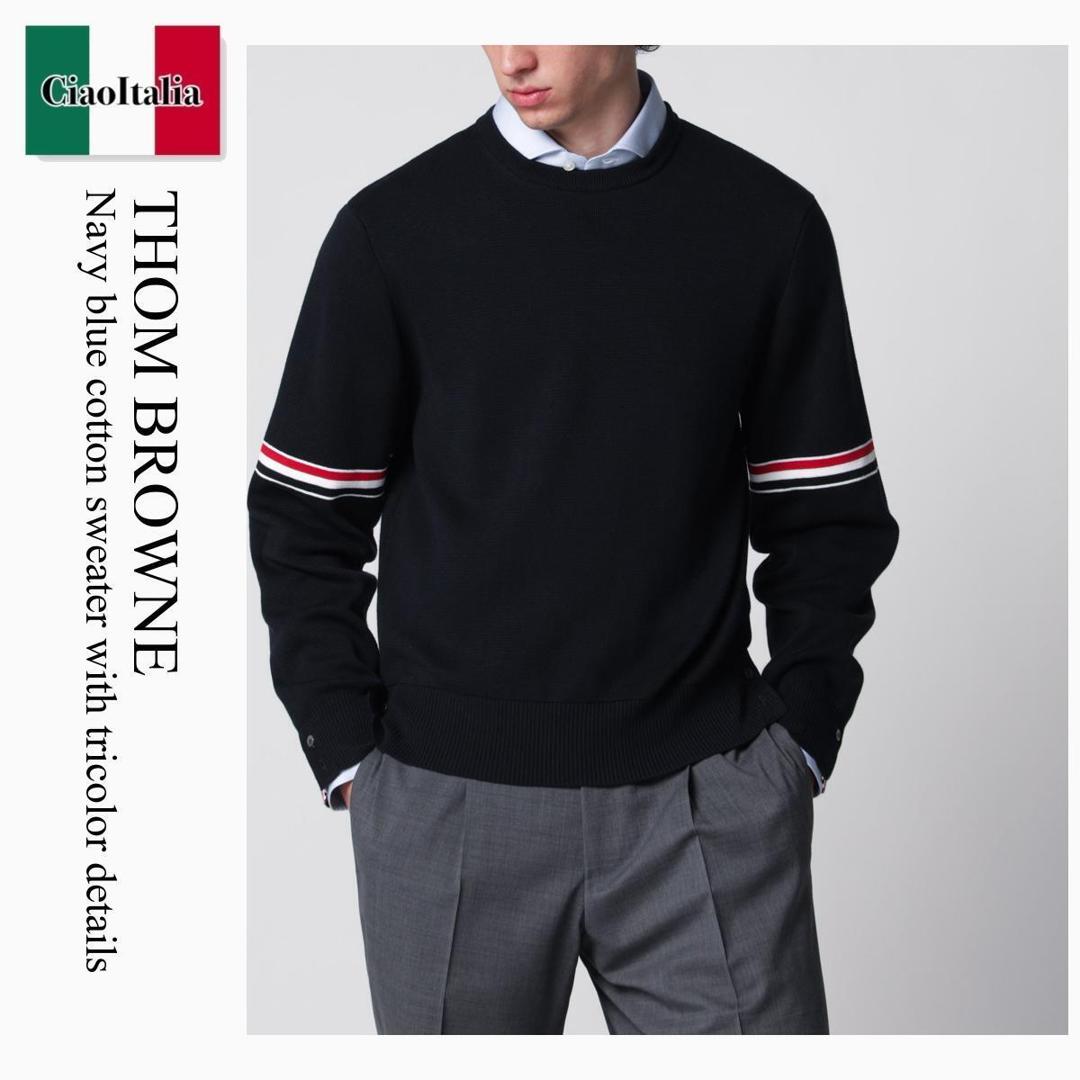 【物量制限事項・店卸し資産極限点・早め者制覇！】 トム 赤銅色 / Thom Browne Navy Blue Cotton Sweater With Tricolor Details / MKA326AY3001 / MKA326AY3001 415 / MKA326AY3001415 / 編み物・ティーシャツ