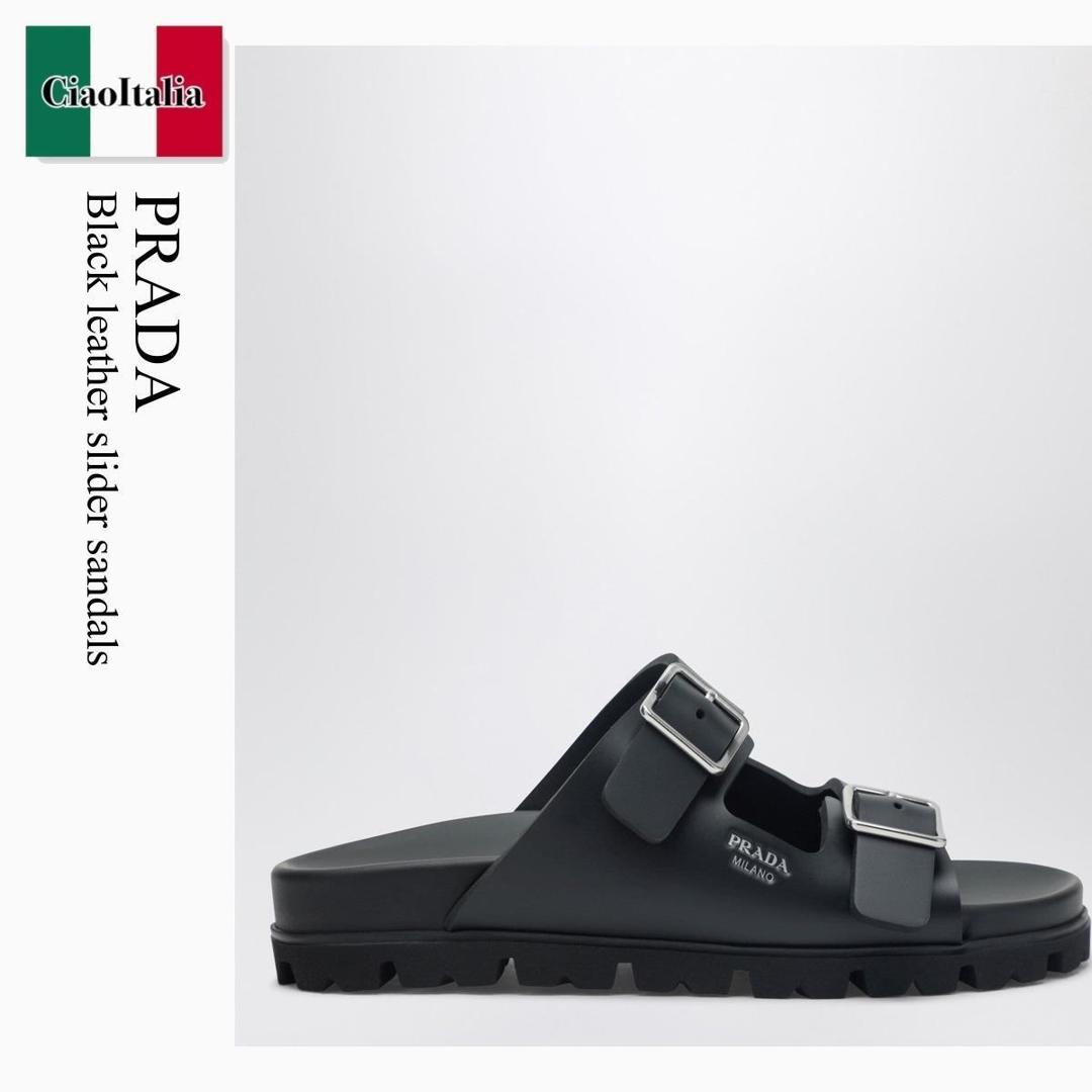 【物量制限事項・店卸し資産極限点・早め者制覇！】 プラダ / Prada Black Leather Slider Sandals / 1XX792 F0002 / 1XX792 0203LKK F0002 / 1XX7920203LKKF0002 / サンダル・ミュール