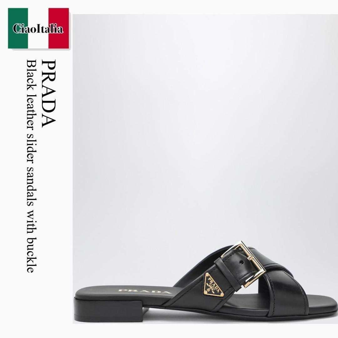 【分量制限事項・店卸し資産区分け・早め者白星！】 プラダ / Prada Black Leather Slider Sandals With Buckle / 1XX778 F0002 / 1XX778 010248 F0002 / 1XX778010248F0002 / サンダル・ミュール