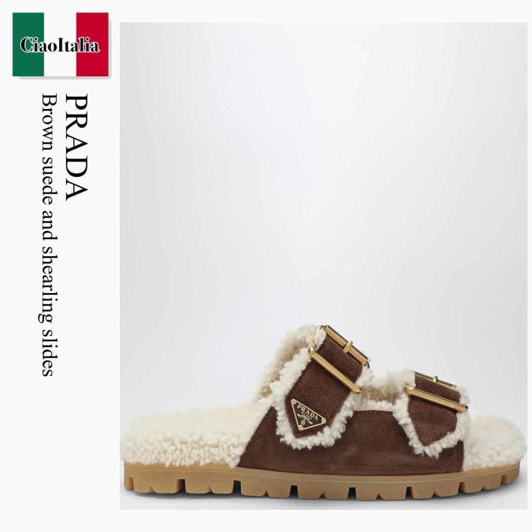 【物量制限事項・店卸し資産極限点・早め者制覇！】 プラダ / Prada Brown Suede And Shearling Slides / 1XX775 F0324 / 1XX775 ZF20JFT F0324 / 1XX775ZF20JFTF0324 / サンダル・ミュール