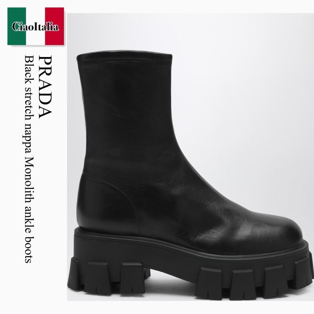 【寸法押さえる・店卸し資産境界線・早め者制覇！】 プラダ / Prada Black Stretch Nappa Monolith Ankle Boots / 1U117O F0002 / 1U117O G055L68 F0002 / 1U117OG055L68F0002 / ショートブーツ・ブーティ