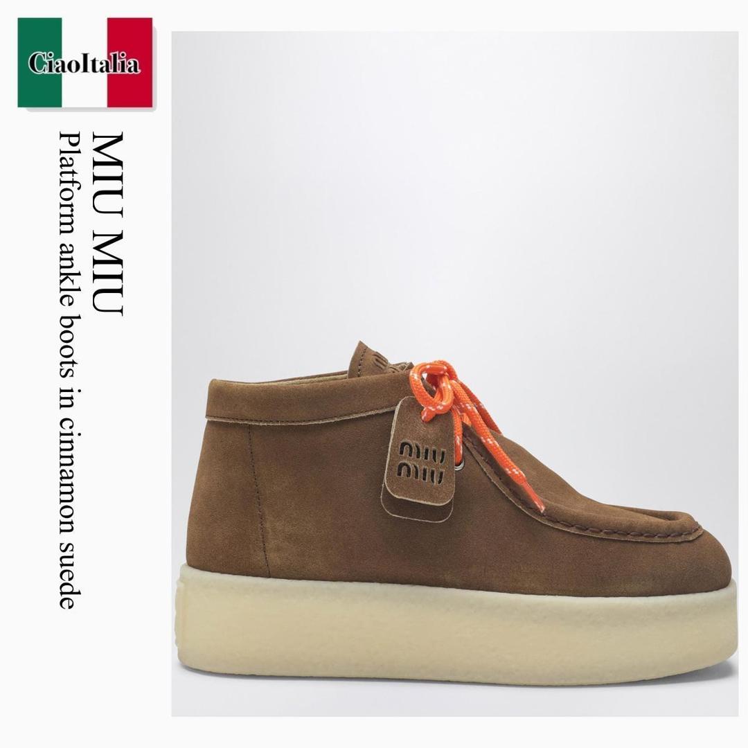 【物量制限事項・店卸し資産極限点・早め者制覇！】 ミュウミュウ / Miu Miu Platform Ankle Boots In Cinnamon Suede / 5T263E F0401 / 5T263E 045Z5O F0401 / 5T263E045Z5OF0401 / ショートブーツ・ブーティ