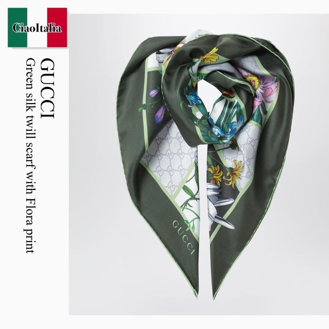 【物量制限事項・店卸し資産極限点・早め者制覇！】 グッチ / Gucci Green Silk Twill Scarf With Flora Print / 850107 3G001 / 850107 3G001 3367 / 8501073G0013367 / えり巻き