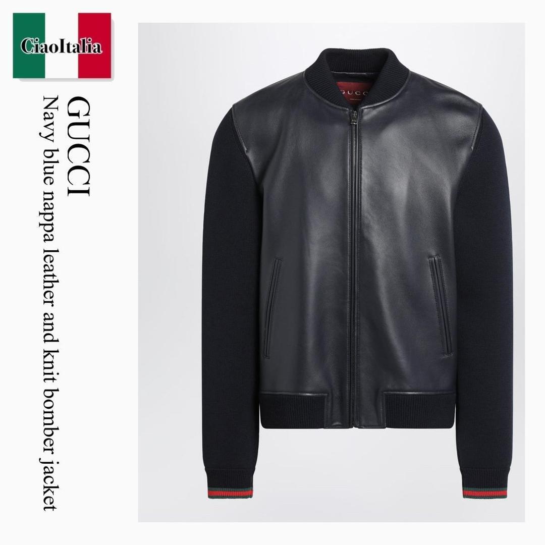 【量目押さえる・店卸し資産極限点・早め者制勝！】 グッチ / Gucci Navy Blue Nappa Leather And Knit Bomber Jacket / 793181 XNA29 / 793181 XNA29 4044 / 793181XNA294044 / なめし革上衣