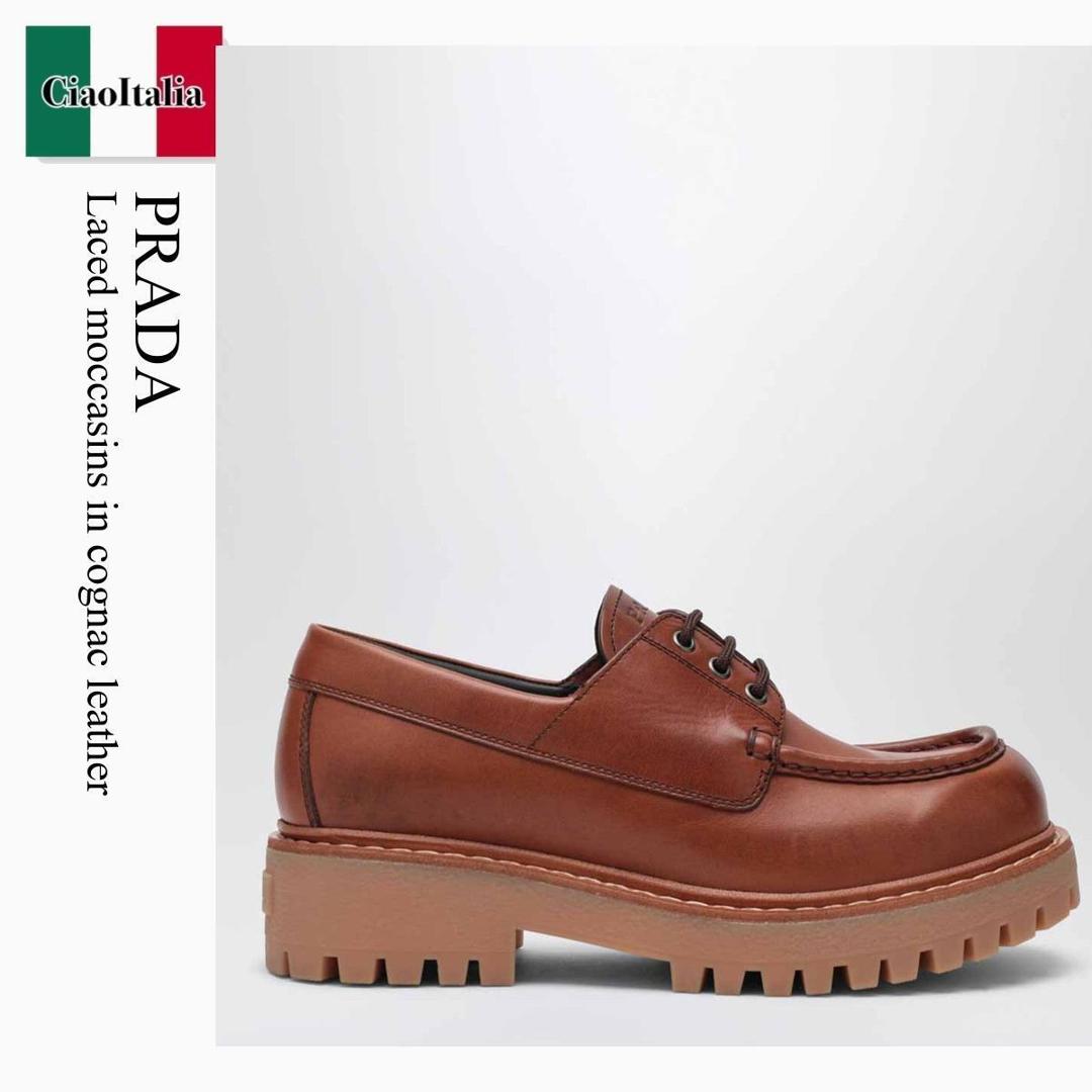 【寸法押さえる・店卸し資産境界線・早め者制覇！】 プラダ / Prada Laced Moccasins In Cognac Leather / 2EE416 F0046 / 2EE416 G000070 F0046 / 2EE416G000070F0046 / 御召しものシューズ・革靴・商行為シューズ