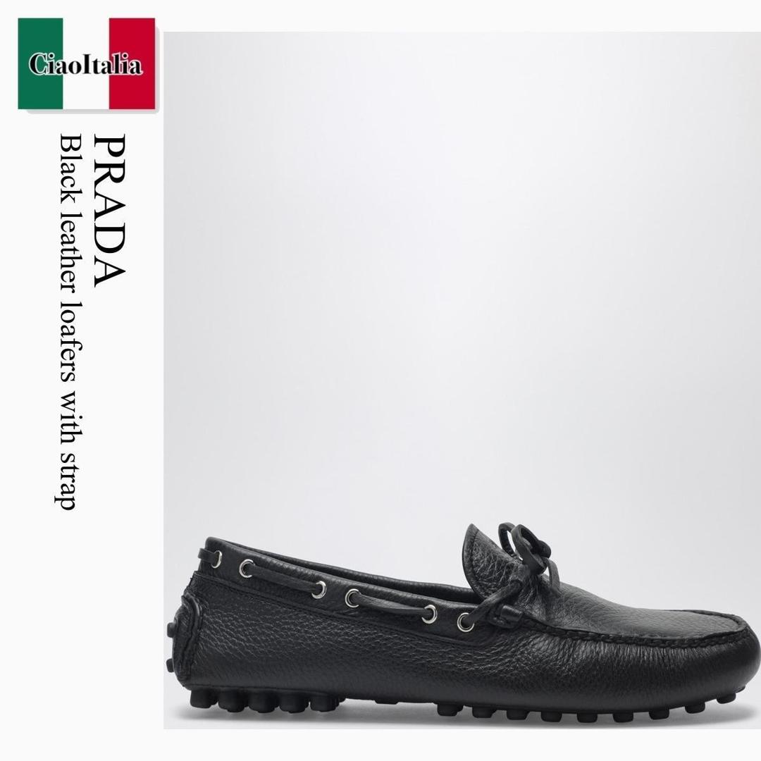 【寸法押さえる・店卸し資産境界線・早め者制覇！】 プラダ / Prada Black Leather Loafers With Strap / 2DD190 F0002 / 2DD190 U00F020 F0002 / 2DD190U00F020F0002 / 御召しものシューズ・革靴・商行為シューズ