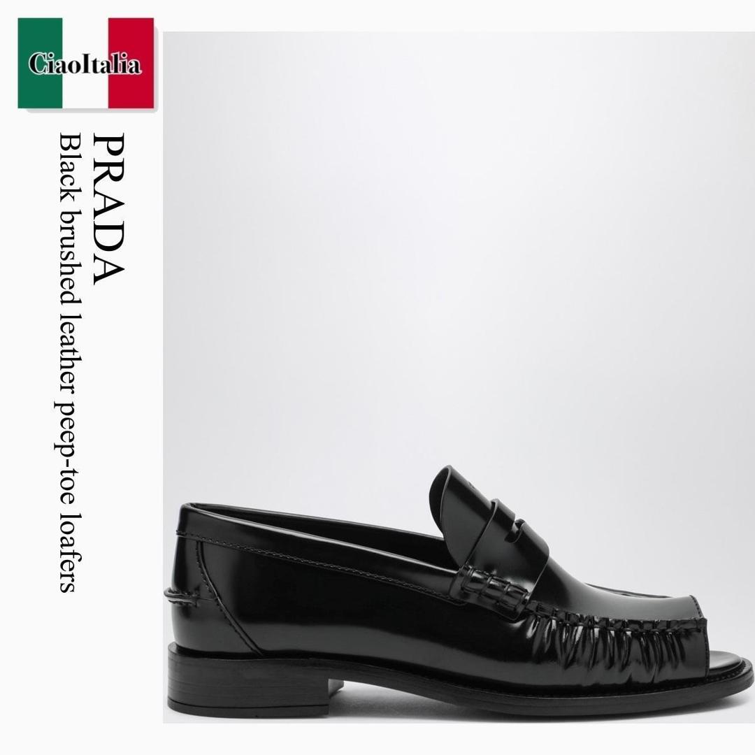 【寸法押さえる・店卸し資産境界線・早め者制覇！】 プラダ / Prada Black Brushed Leather Peep-Toe Loafers / 1K200O F0002 / 1K200O 020P39 F0002 / 1K200O020P39F0002 / 置き目毛革・オックスフォード