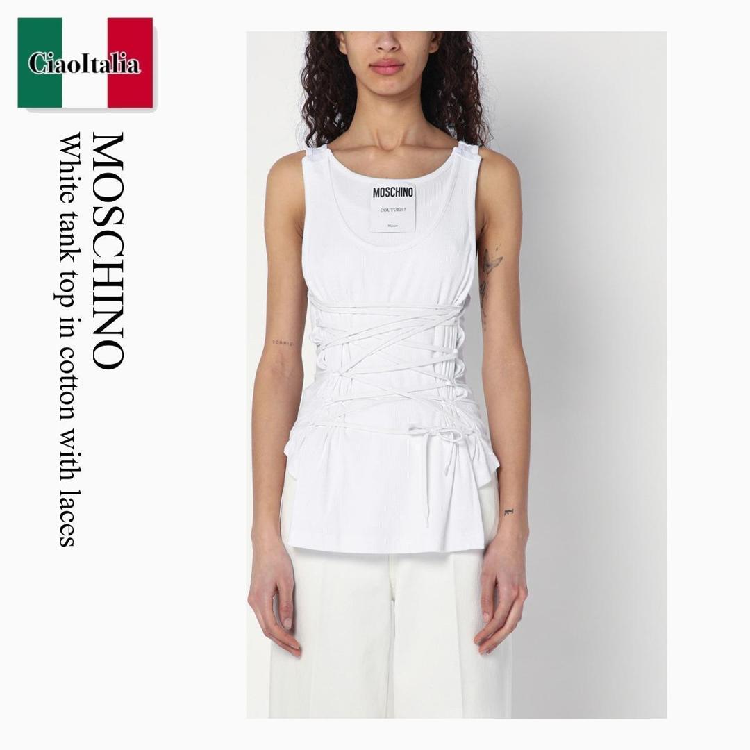 【寸法押さえる・店卸し資産境界線・早め者制覇！】 モスキーノ / Moschino White Tank Top In Cotton With Laces / A12060445 / A12060445 0001 / A120604450001 / 貯蔵タンクとっ始め