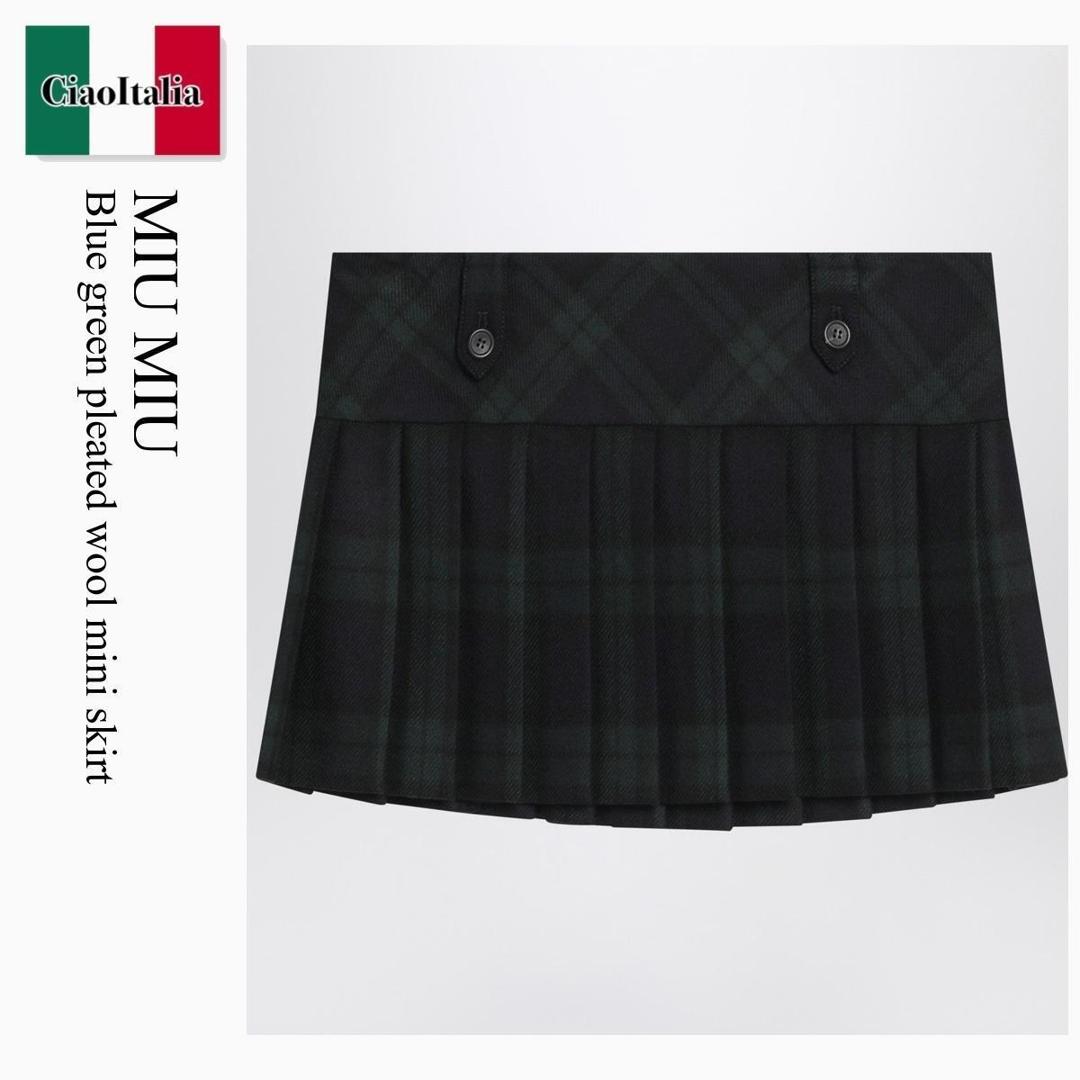 【寸法押さえる・店卸し資産境界線・早め者制覇！】 ミュウミュウ / Miu Miu Blue Green Pleated Wool Mini Skirt / MG2534 F0D3Z / MG2534 OOO17V7 F0D3Z / MG2534OOO17V7F0D3Z / ミニスカート
