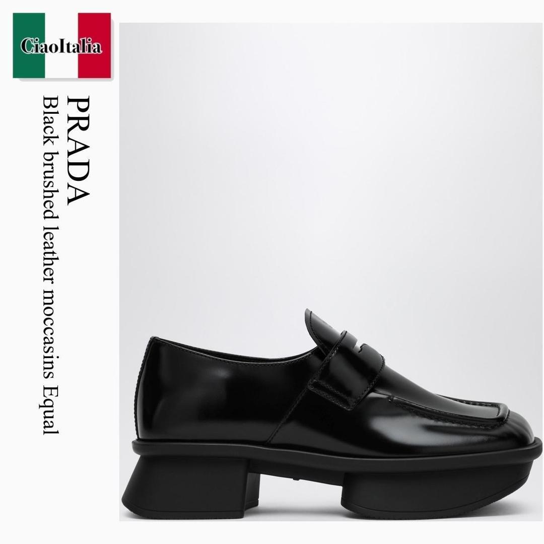 【物量制限事項・店卸し資産極限点・早め者制覇！】 プラダ / Prada Black Brushed Leather Moccasins Equal / 1D985N F0002 / 1D985N 040055 F0002 / 1D985N040055F0002 / 置き目毛皮・オックスフォード